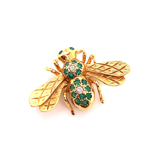 Circa 1960s Emerald and Diamond Insect Pin in 14K Gold