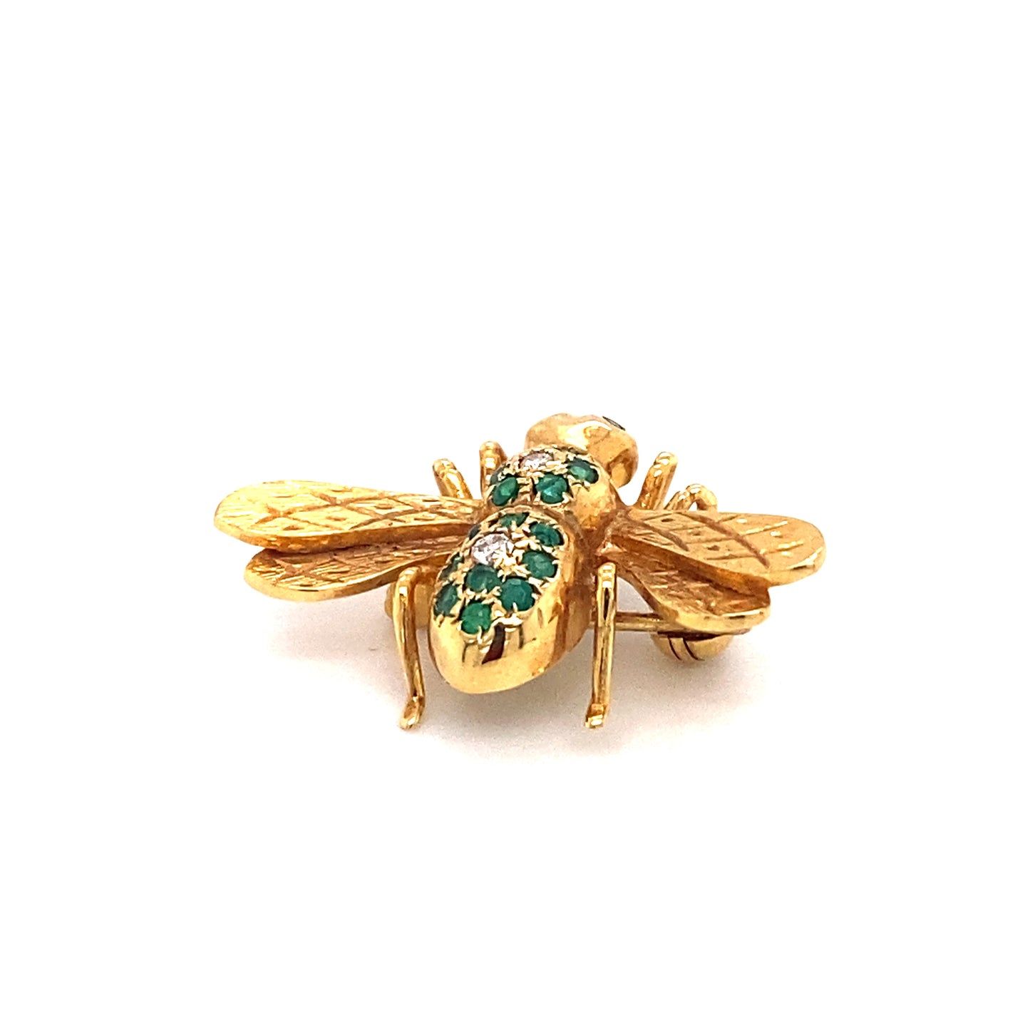 Circa 1960s Emerald and Diamond Insect Pin in 14K Gold
