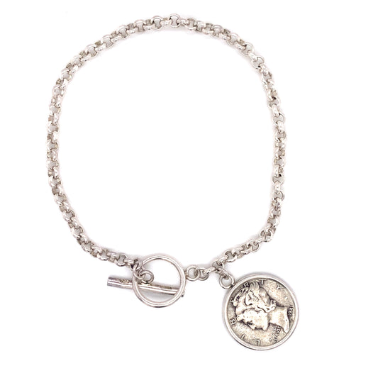 Circa 1940s Mercury Dime Charm Chain Bracelet in Sterling Silver