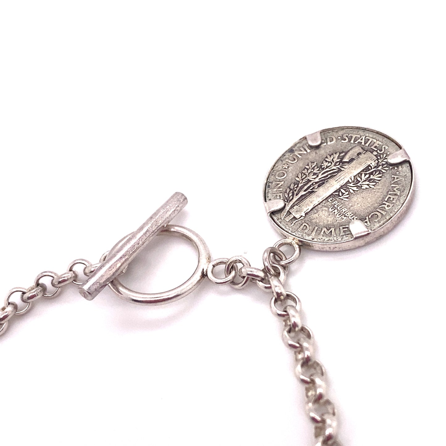 Circa 1940s Mercury Dime Charm Chain Bracelet in Sterling Silver
