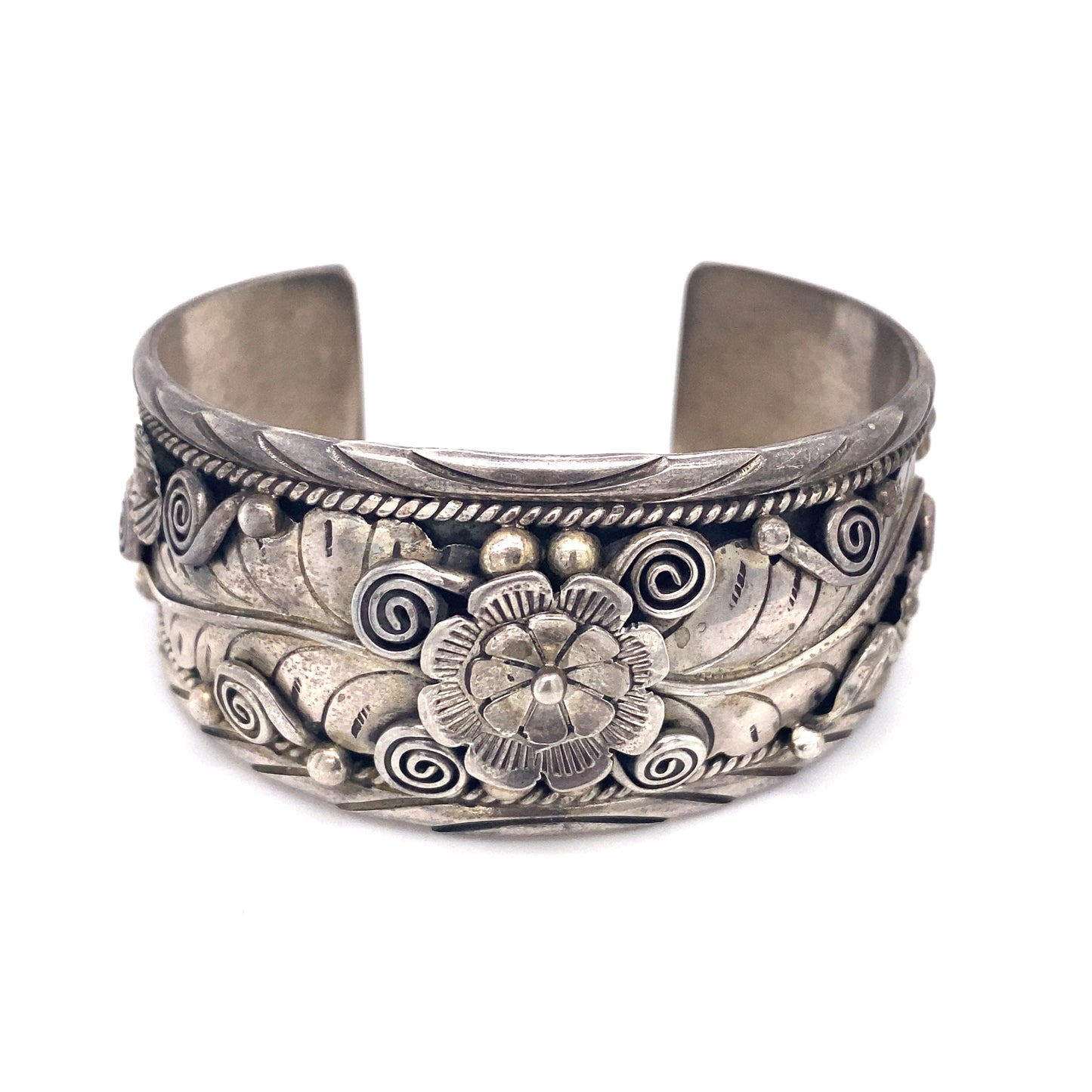 Circa 1970s Flower Design Cuff Bracelet in Sterling Silver Marked Parlos