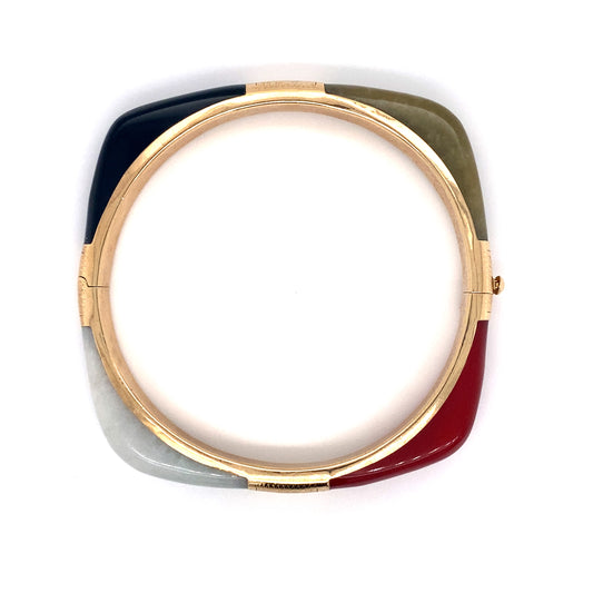 Circa 1980s Geometric Dyed Jade and Quartz Hinged Bangle in 14K Gold