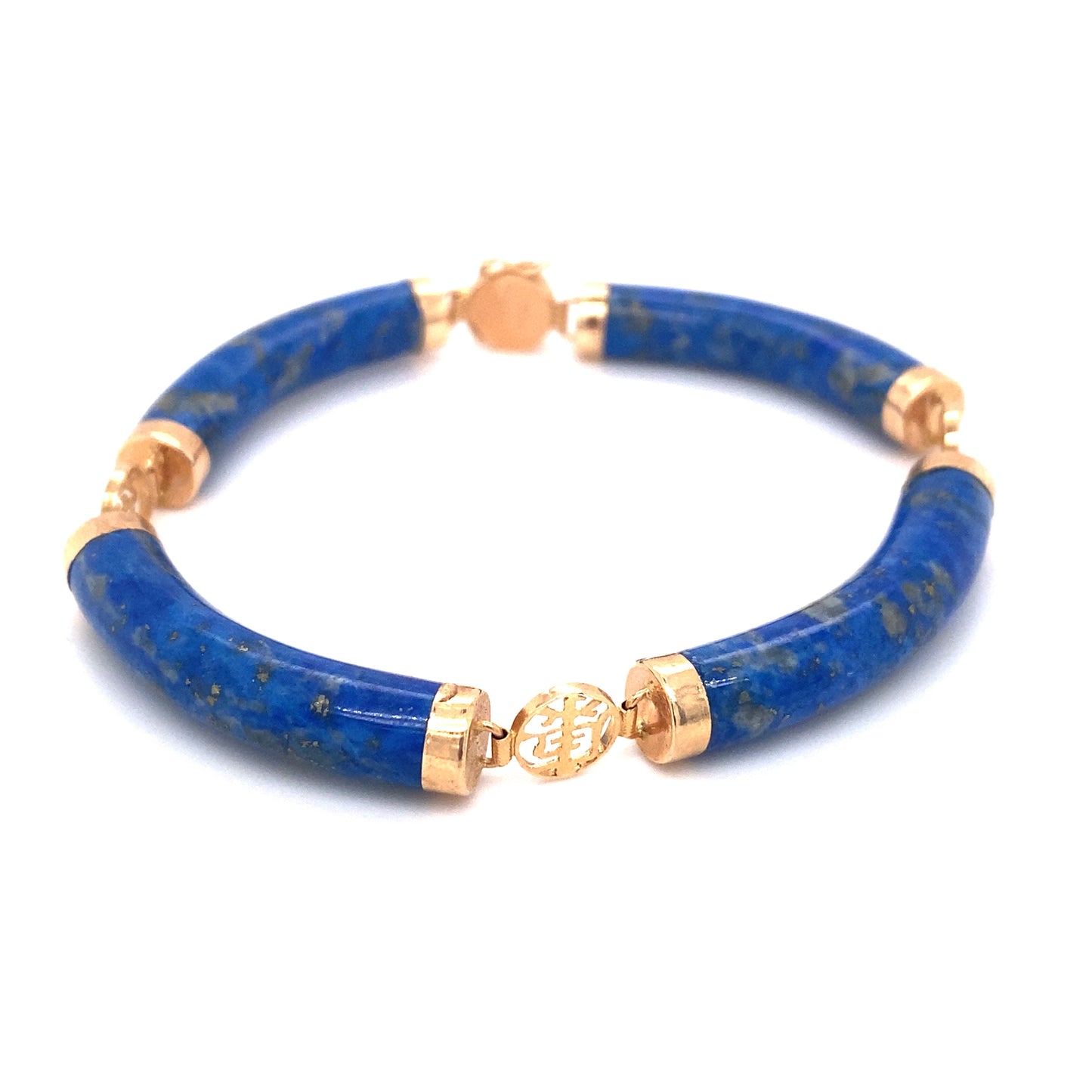 Circa 1980s Chinese Luck Symbol Lapis Lazuli Curved Link Bracelet in 14K Gold