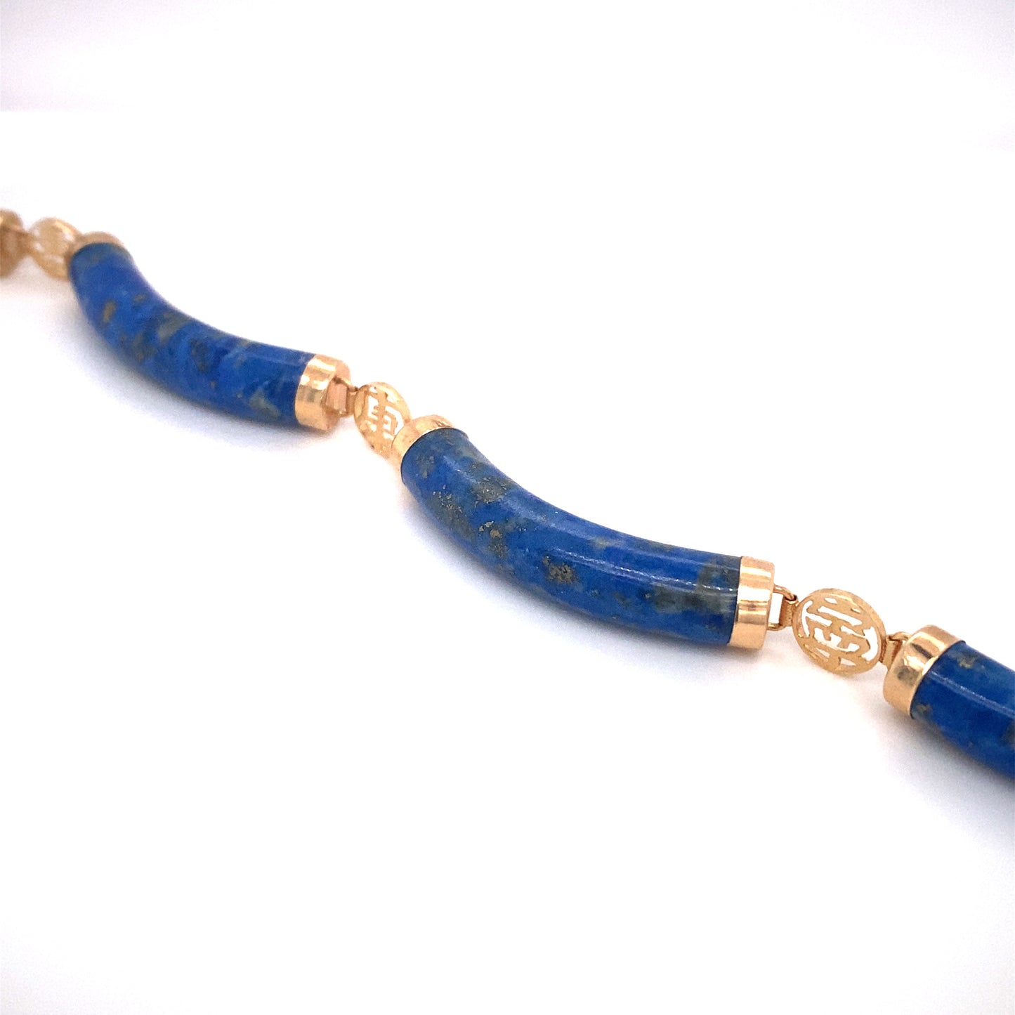 Circa 1980s Chinese Luck Symbol Lapis Lazuli Curved Link Bracelet in 14K Gold