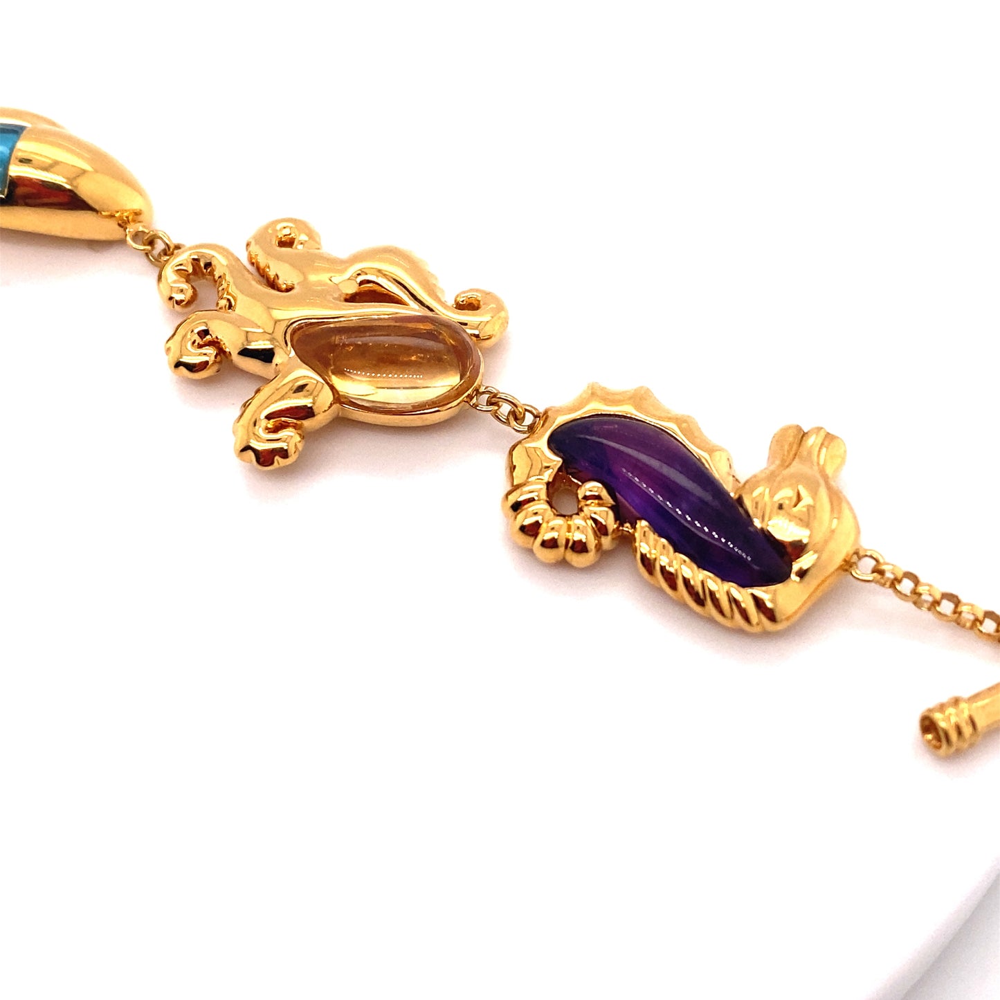 Circa 1990s Multi-Gemstone Sea Animal Link Bracelet in 14K Gold