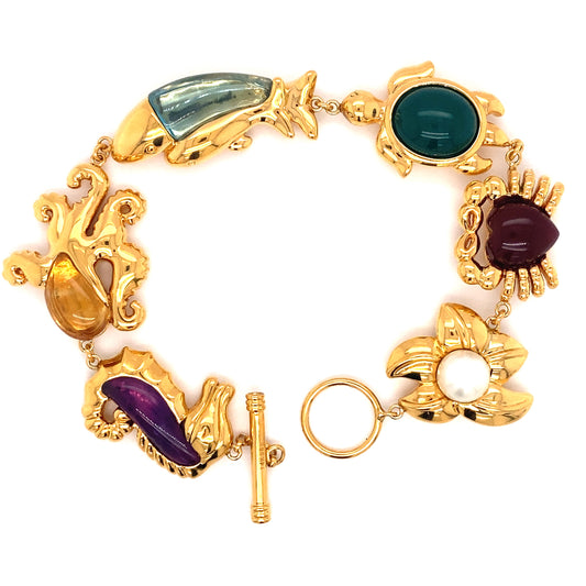 Circa 1990s Multi-Gemstone Sea Animal Link Bracelet in 14K Gold