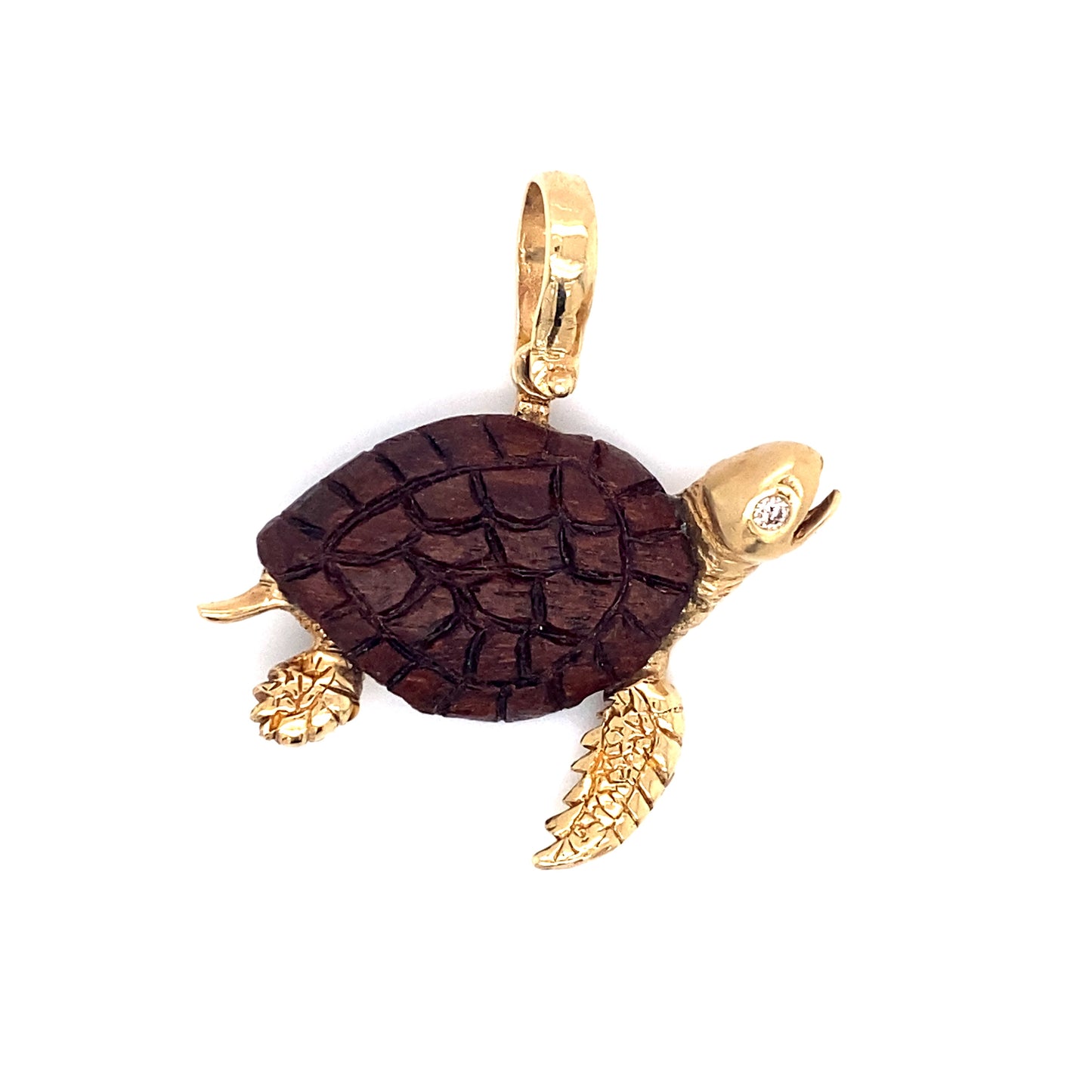 Circa 1990s Reclaimed Wood Sea Turtle Pendant with Diamond Eye in 14K Gold