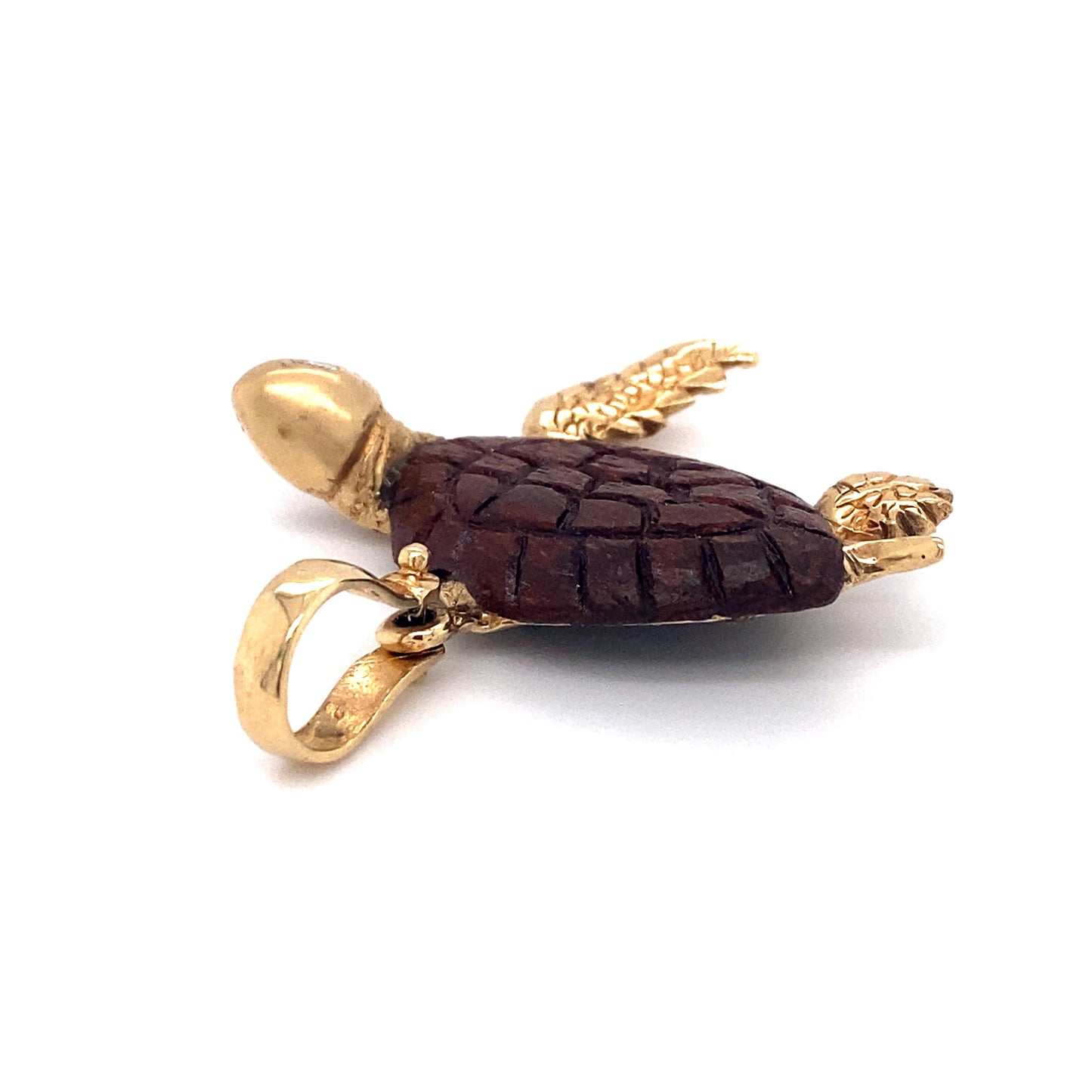 Circa 1990s Reclaimed Wood Sea Turtle Pendant with Diamond Eye in 14K Gold