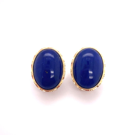 Circa 1940s Polished Lapis Lazuli Cabochon Earrings in 14K Gold