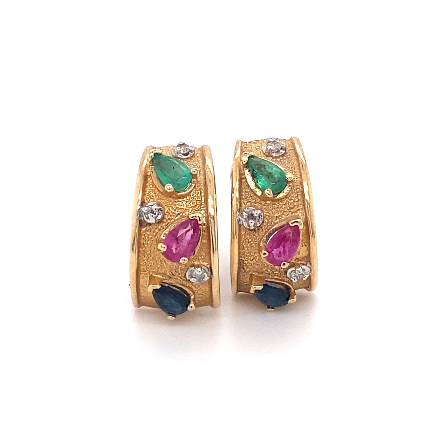 Circa 1970s Tutti Frutti Sapphire, Ruby, Emerald and Diamond Half Hoop Earrings