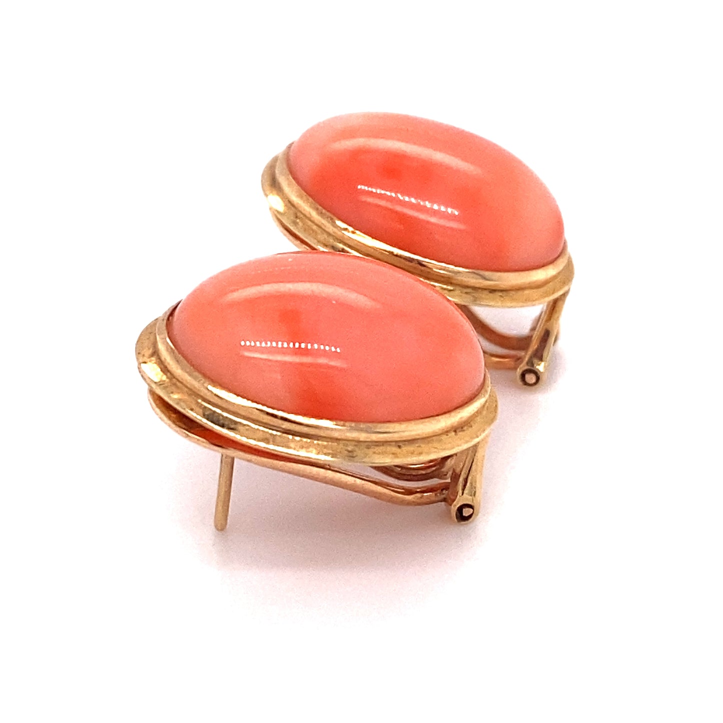 Circa 1920s Oval Orange Coral Button Earrings in 14K Gold