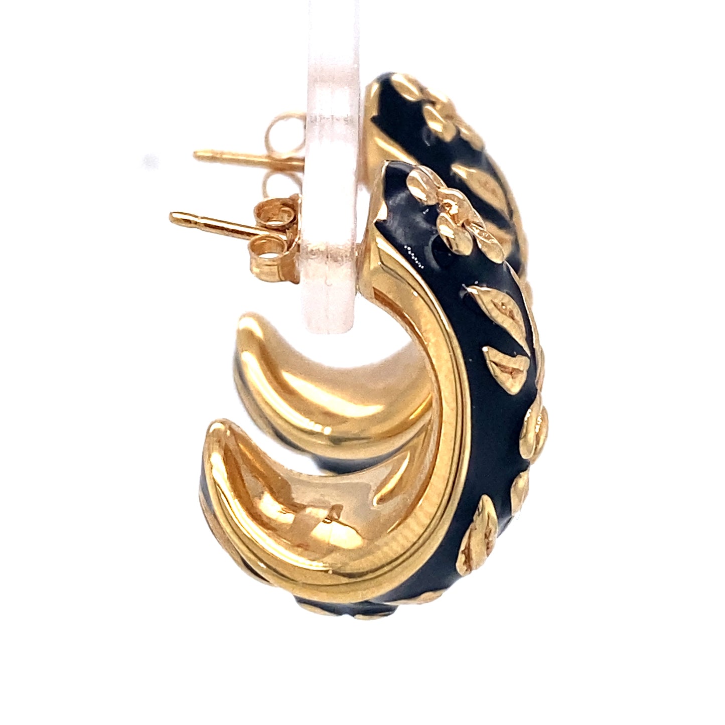 Circa 1960s Black Enamel Floral Motif Half Hoop Earrings in 14K Gold
