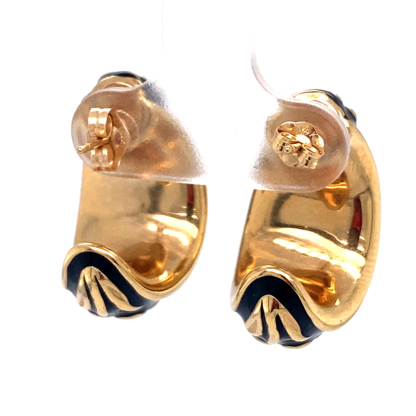 Circa 1960s Black Enamel Floral Motif Half Hoop Earrings in 14K Gold
