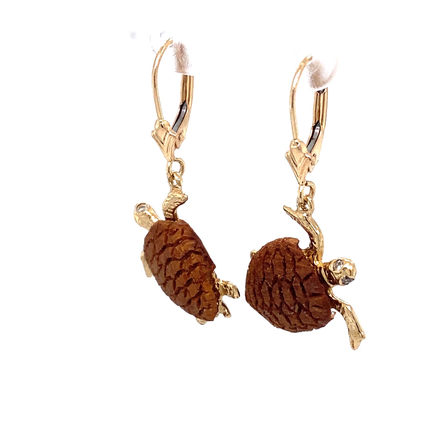 Circa 1990s Walnut Wood Turtle Earrings with Diamond Eyes in 14K Gold