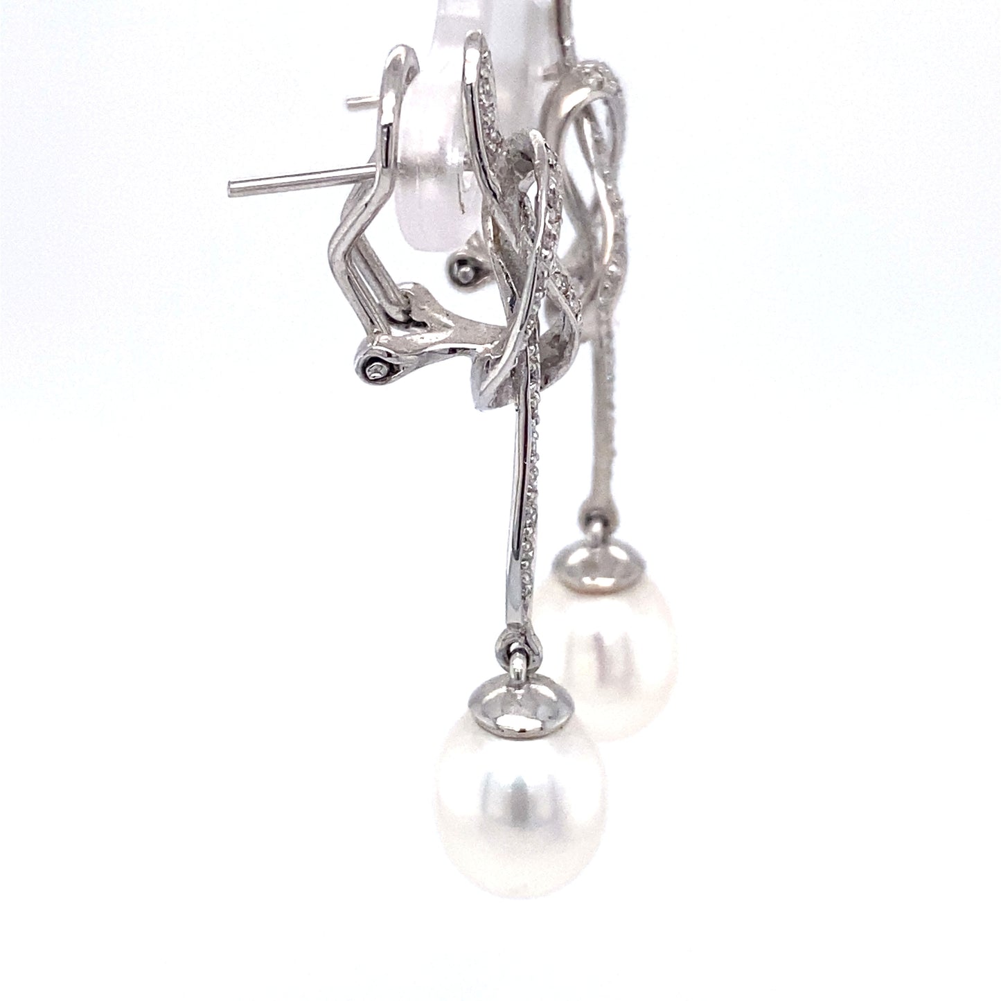 Circa 1980s 0.75 Carat Diamond and Pearl Knot Dangle Earrings in 18K White Gold