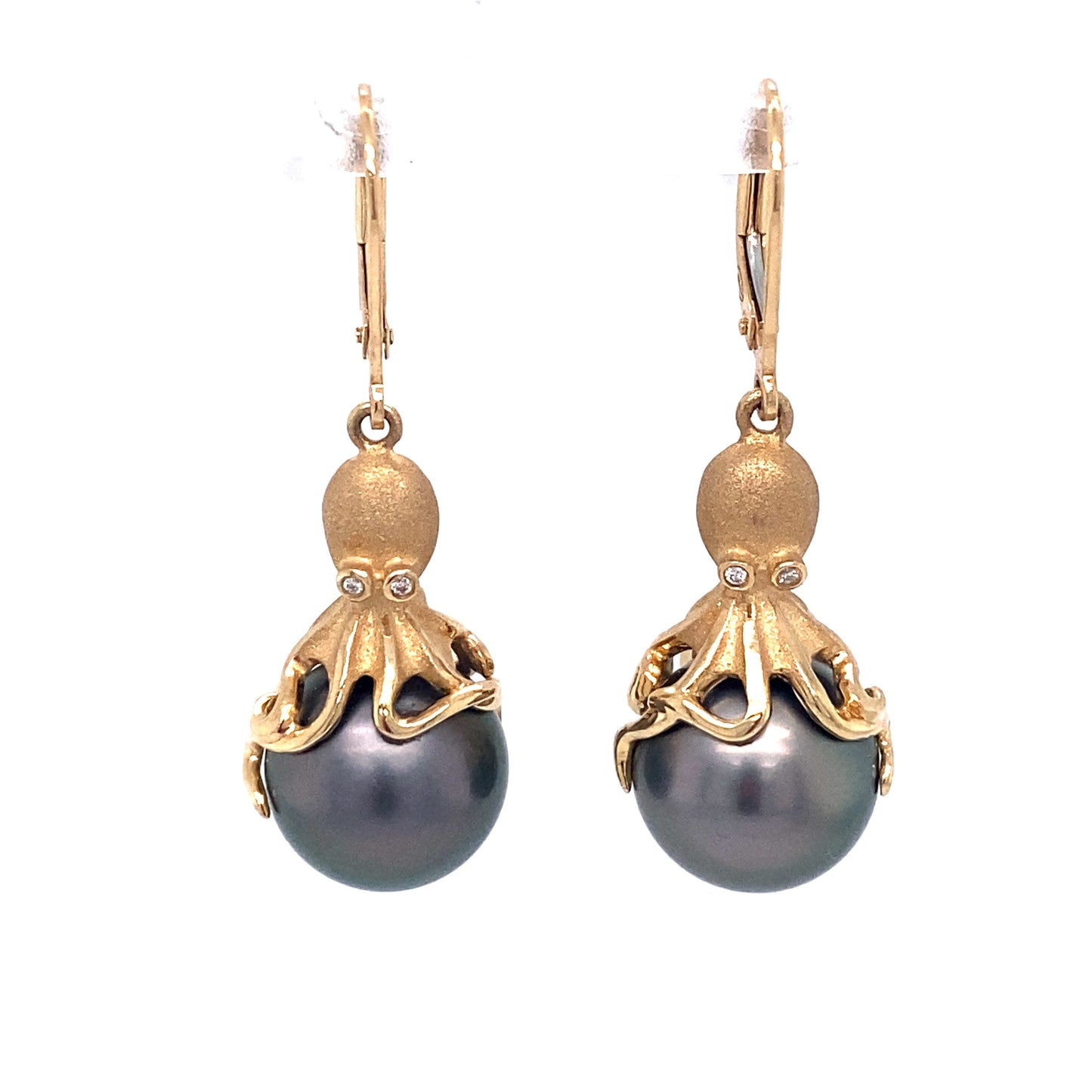 Circa 1990s Octopus Motif Tahitian Pearl Earrings with Diamonds in 14K Gold