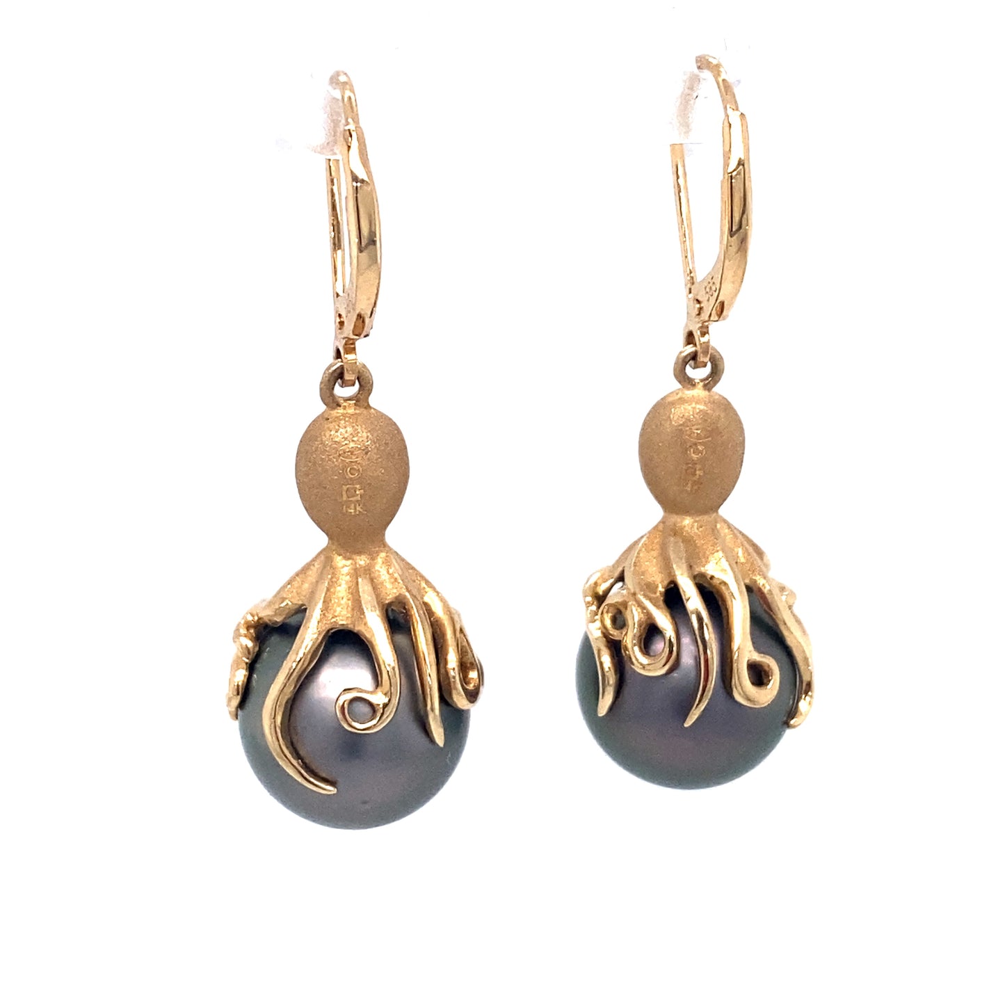 Circa 1990s Octopus Motif Tahitian Pearl Earrings with Diamonds in 14K Gold