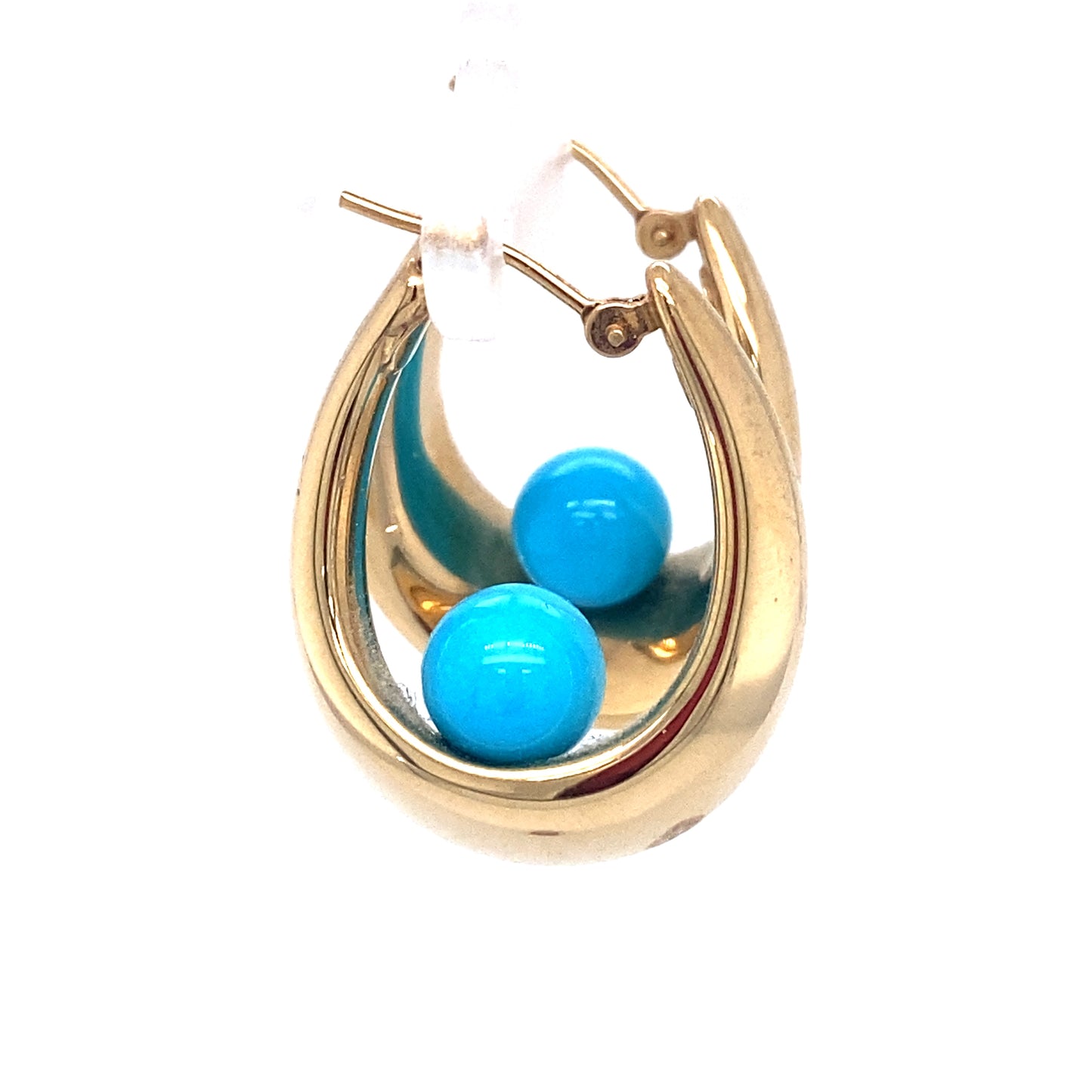Circa 1950s Turquoise Bead Hoop Earrings in 14K Gold