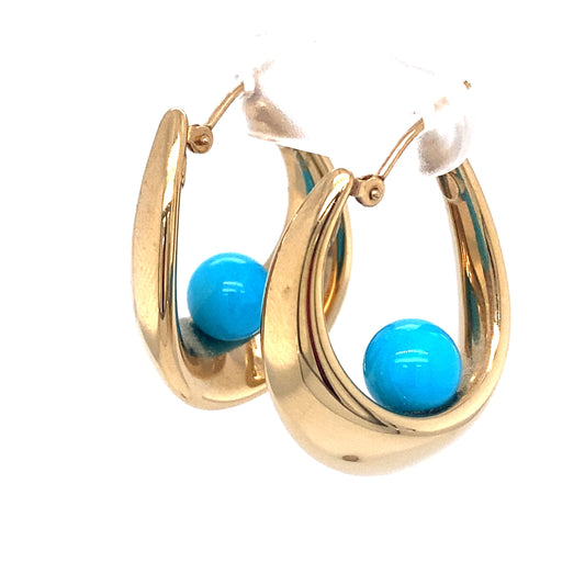 Circa 1950s Turquoise Bead Hoop Earrings in 14K Gold