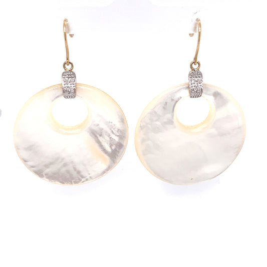 Circa 1980s Mother of Pearl and Diamond Circle Dangle Earrings in 14K Gold