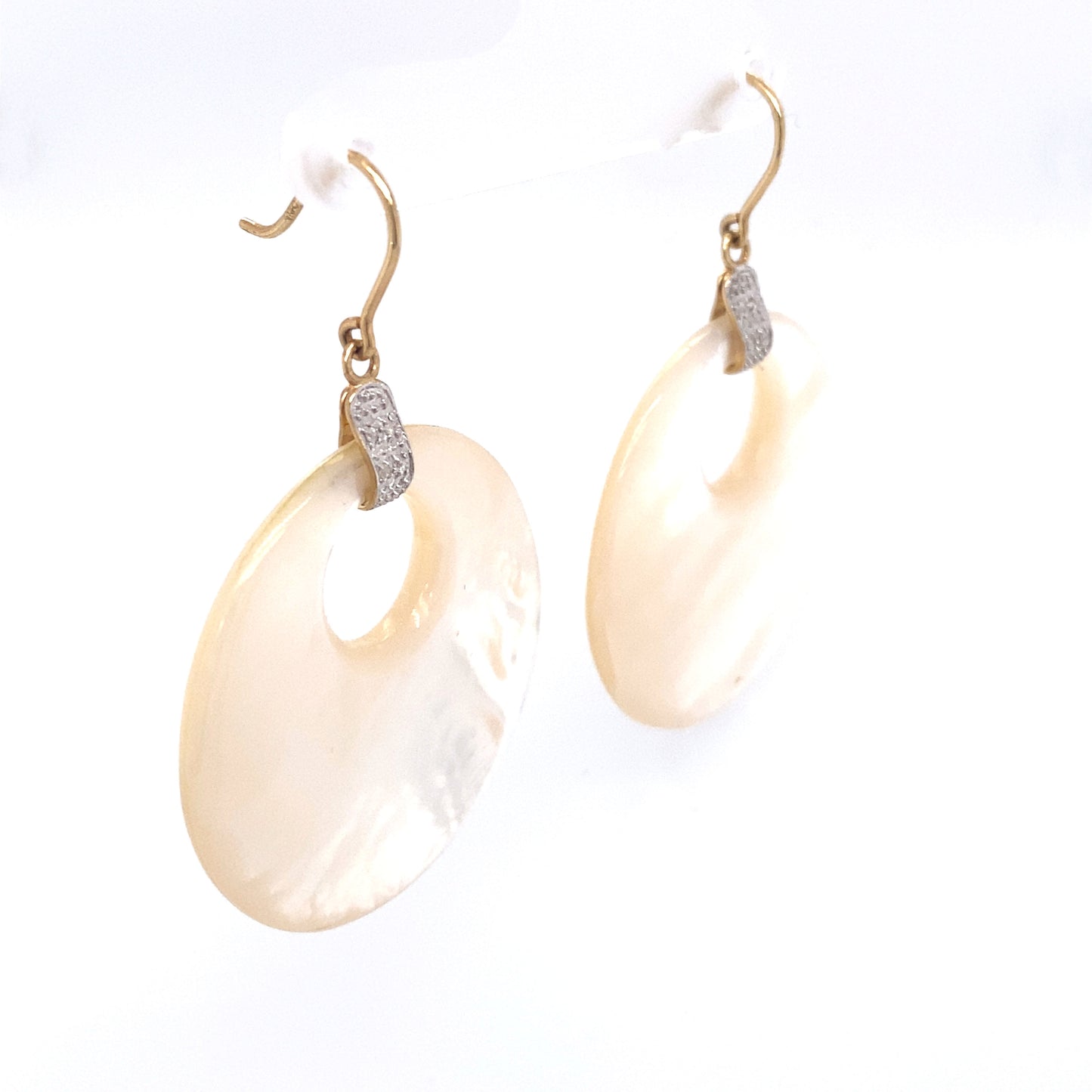 Circa 1980s Mother of Pearl and Diamond Circle Dangle Earrings in 14K Gold