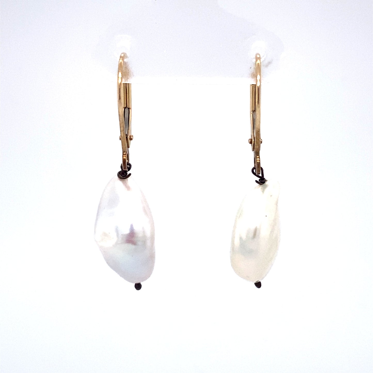 Circa 1990s White Baroque Pearl Lever Back Drop Earrings in 14K Gold