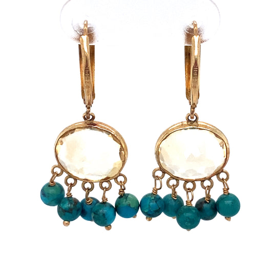Circa 1960s Oval Citrine and Turquoise Bead Dangle Earrings in 14K Gold