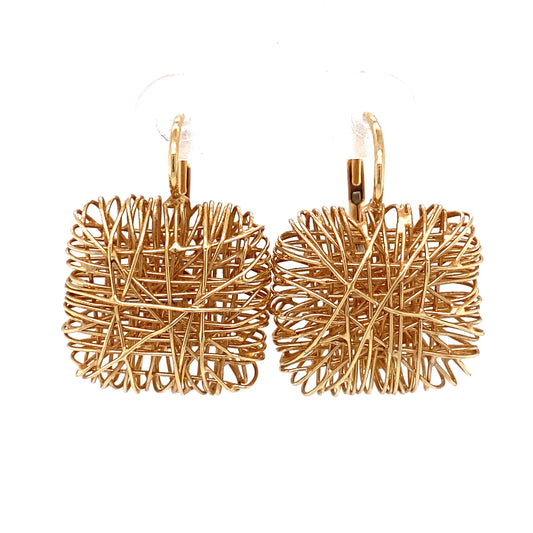 Circa 1970s Italian Square Crosshatch Dangle Earrings in 14K Gold