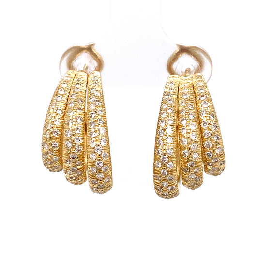 Circa 1980s 1.0 Carat Pavé Diamond Three Row Graduated Hoop Earrings in 18K Gold