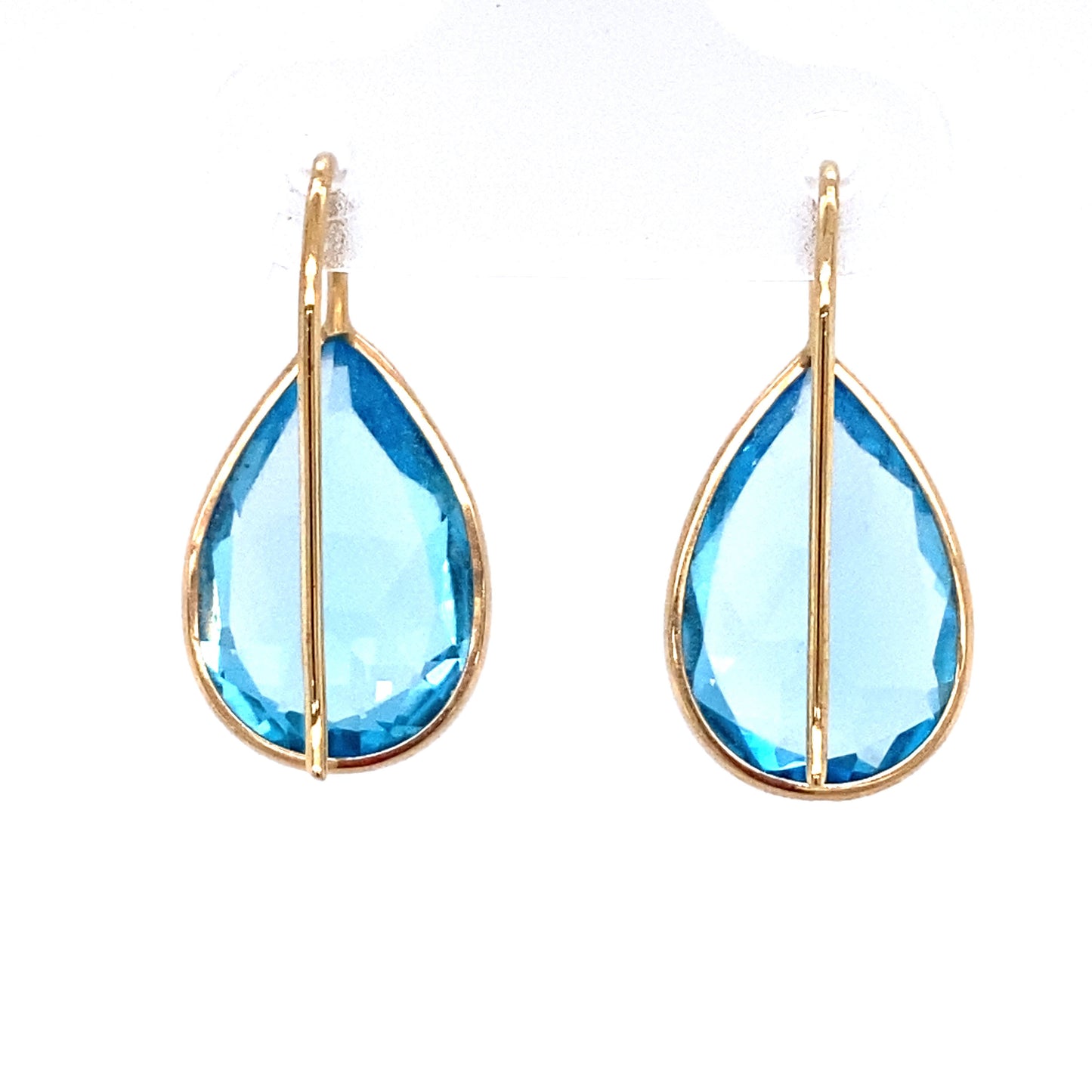 Circa 1980s 10.0 CTW Pear Cut Blue Topaz Bezel Set Dangle Earrings in 14K Gold