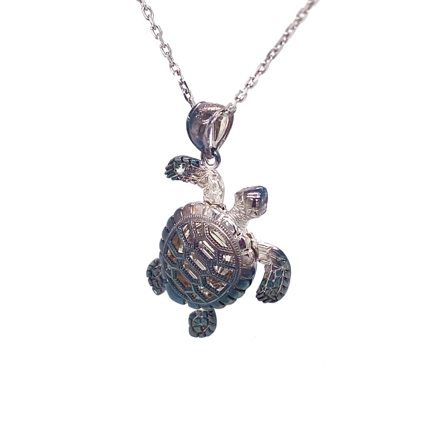 Circa 1980s Articulated Turtle Pendant and in Sterling Silver with Burnt Patina