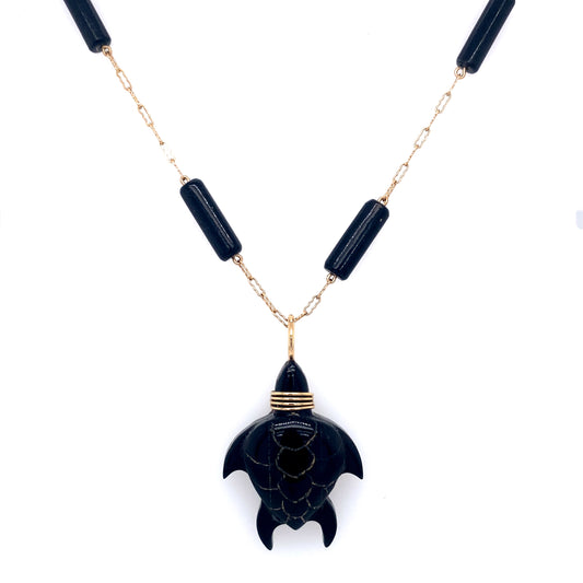 Circa 1950s Carved Onyx Station Necklace with Turtle Pendant in 14K Gold