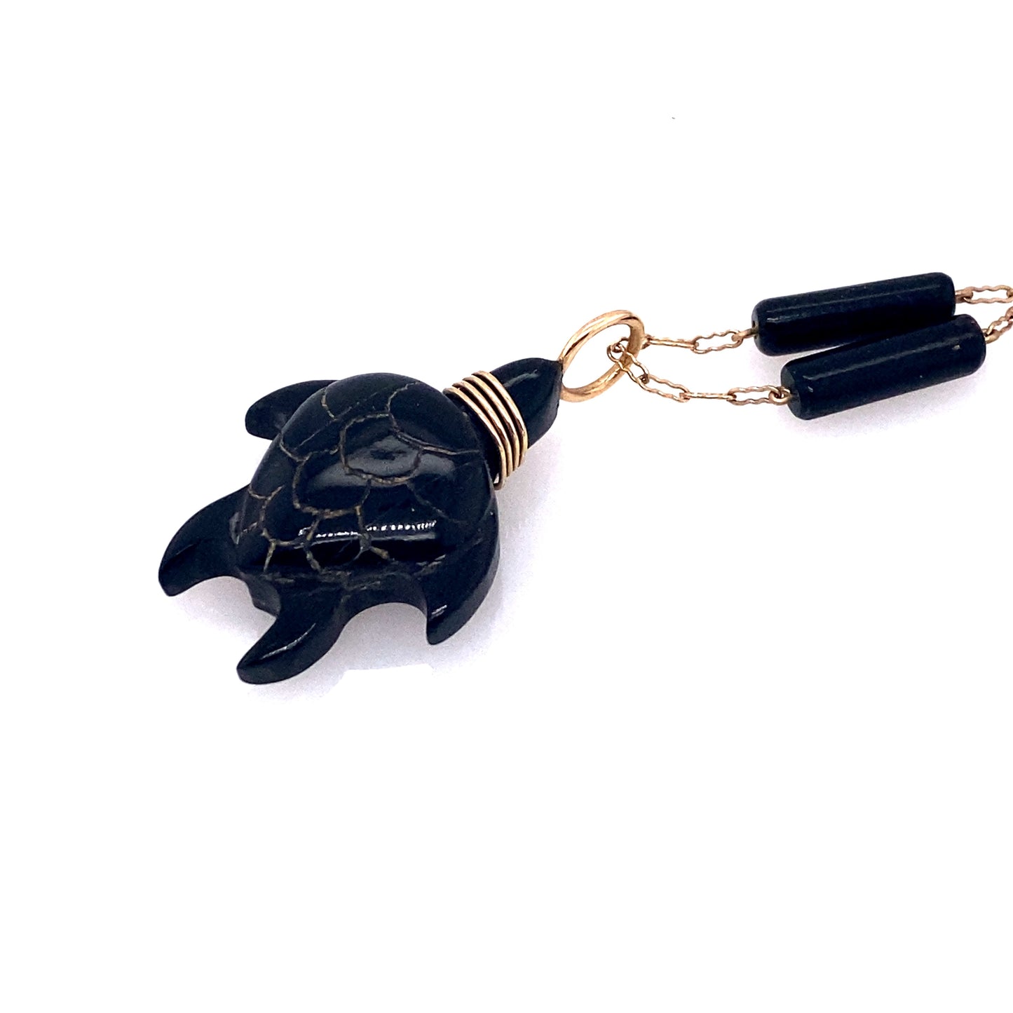 Circa 1950s Carved Onyx Station Necklace with Turtle Pendant in 14K Gold