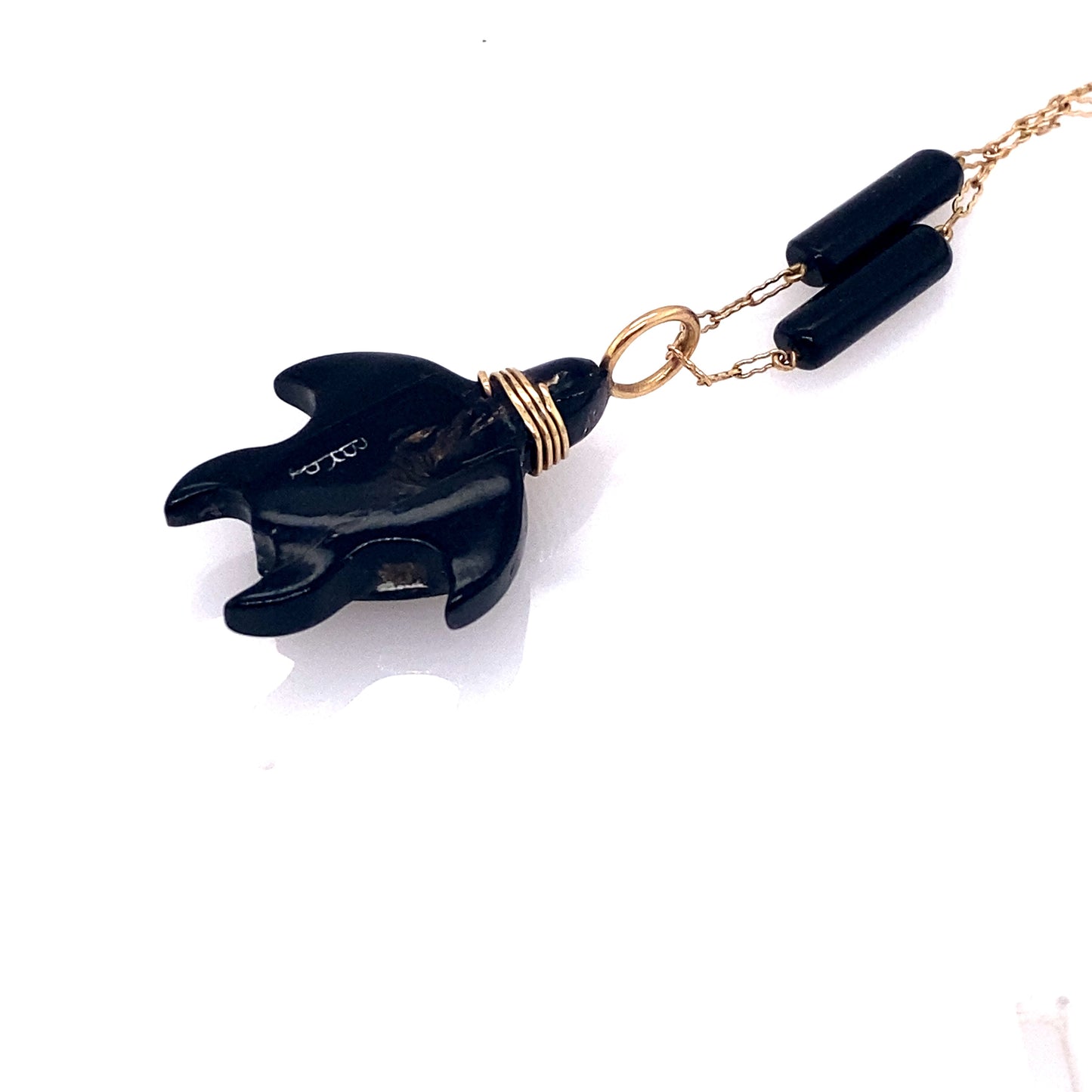 Circa 1950s Carved Onyx Station Necklace with Turtle Pendant in 14K Gold
