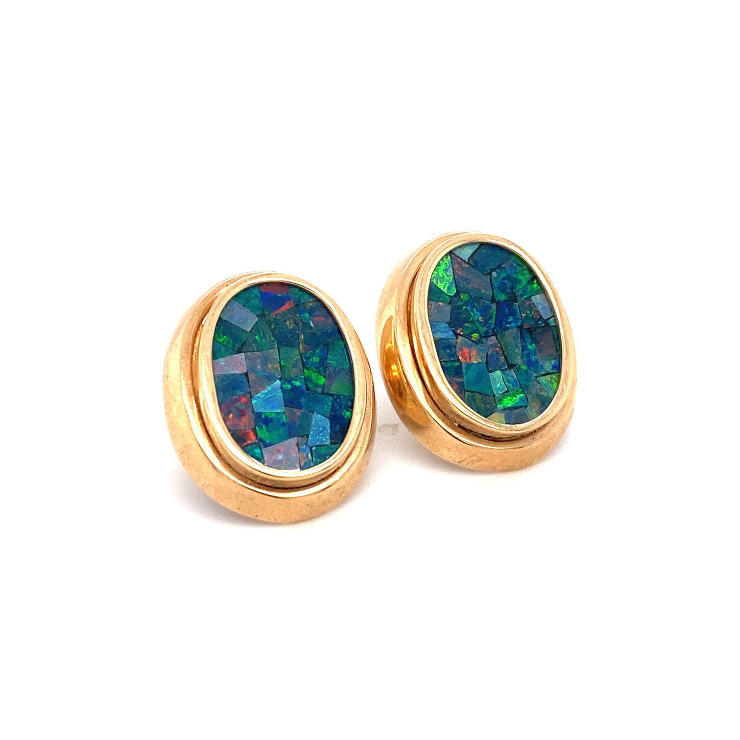 Circa 1950s Mosaic Opal Oval Stud Earrings in 14K Gold