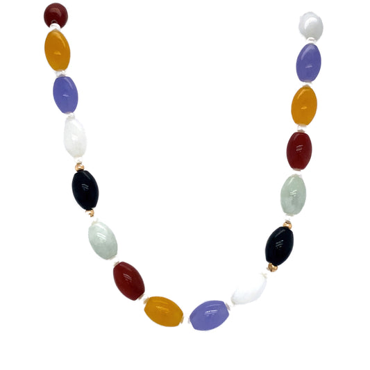Circa 1950s Multicolored Jade Beaded Necklace with Pearls in 14K Gold