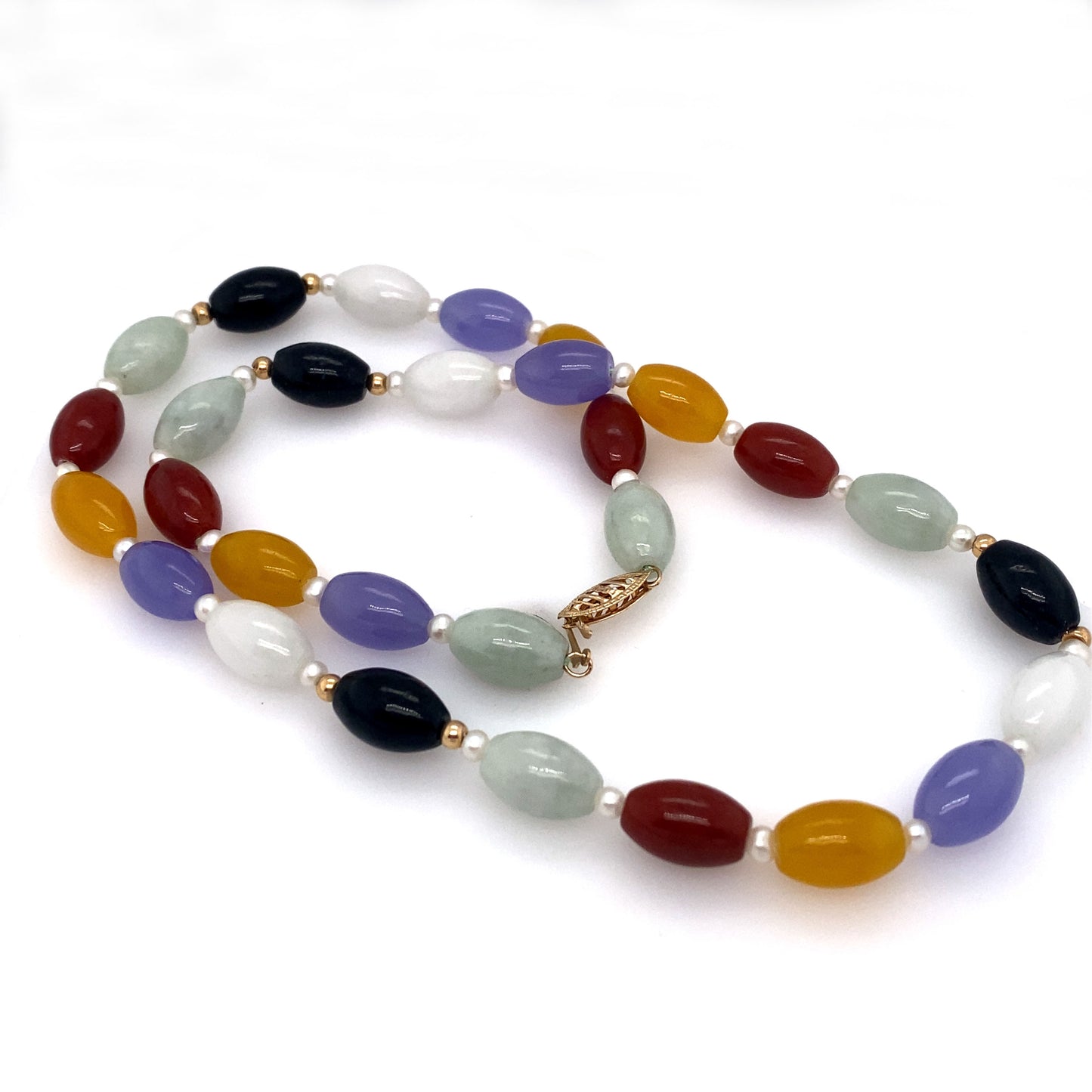 Circa 1950s Multicolored Jade Beaded Necklace with Pearls in 14K Gold