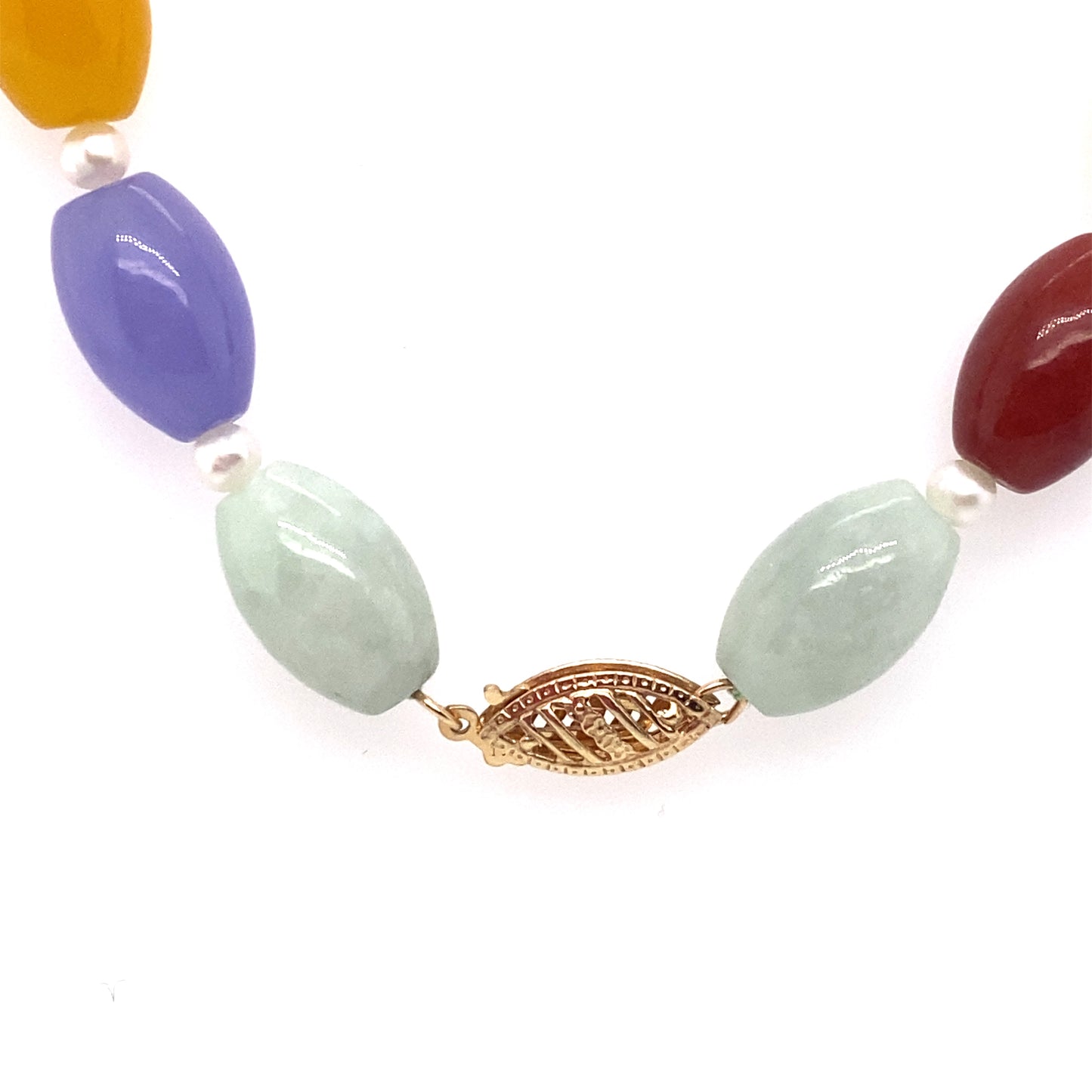 Circa 1950s Multicolored Jade Beaded Necklace with Pearls in 14K Gold