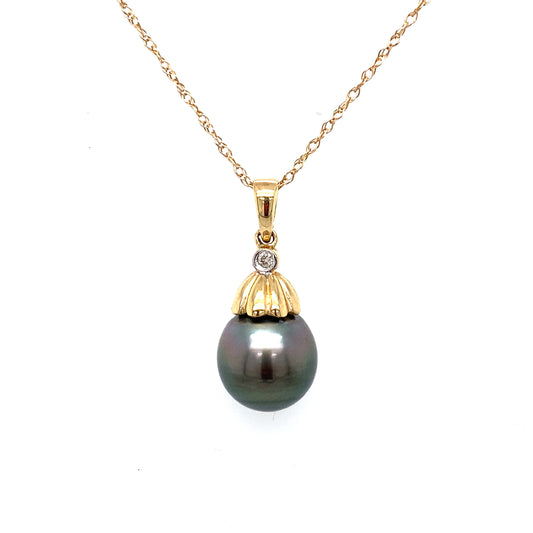 Circa 1960s 10mm Tahitian Pearl and Diamond Pendant in 14K Gold