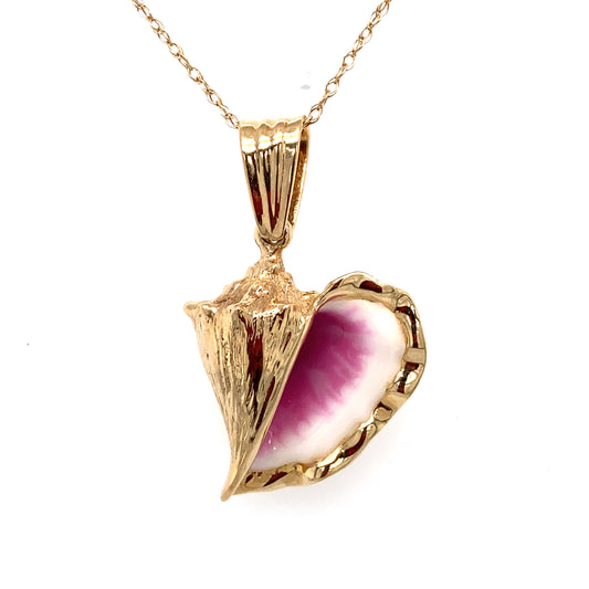 Circa 1990s Seashell Conch Pendant in Enamel and 14K Gold