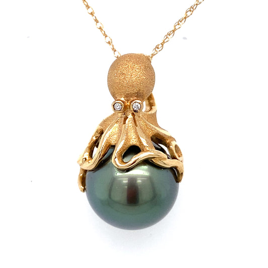 Circa 1980s Tahitian Pearl and Diamond Octopus Pendant in 14K Gold