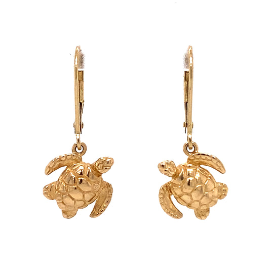 Circa 1990s Lever Back Sea Turtle Dangle Earrings in 14K Gold