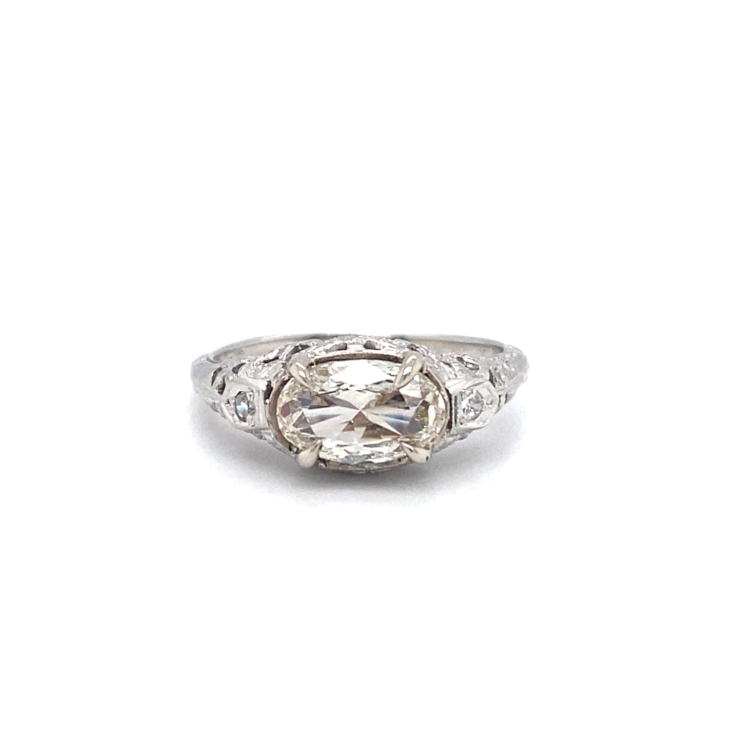 Circa 1920s Art Deco 1.09 Carat Oval Diamond Engagement Ring in 18K White Gold