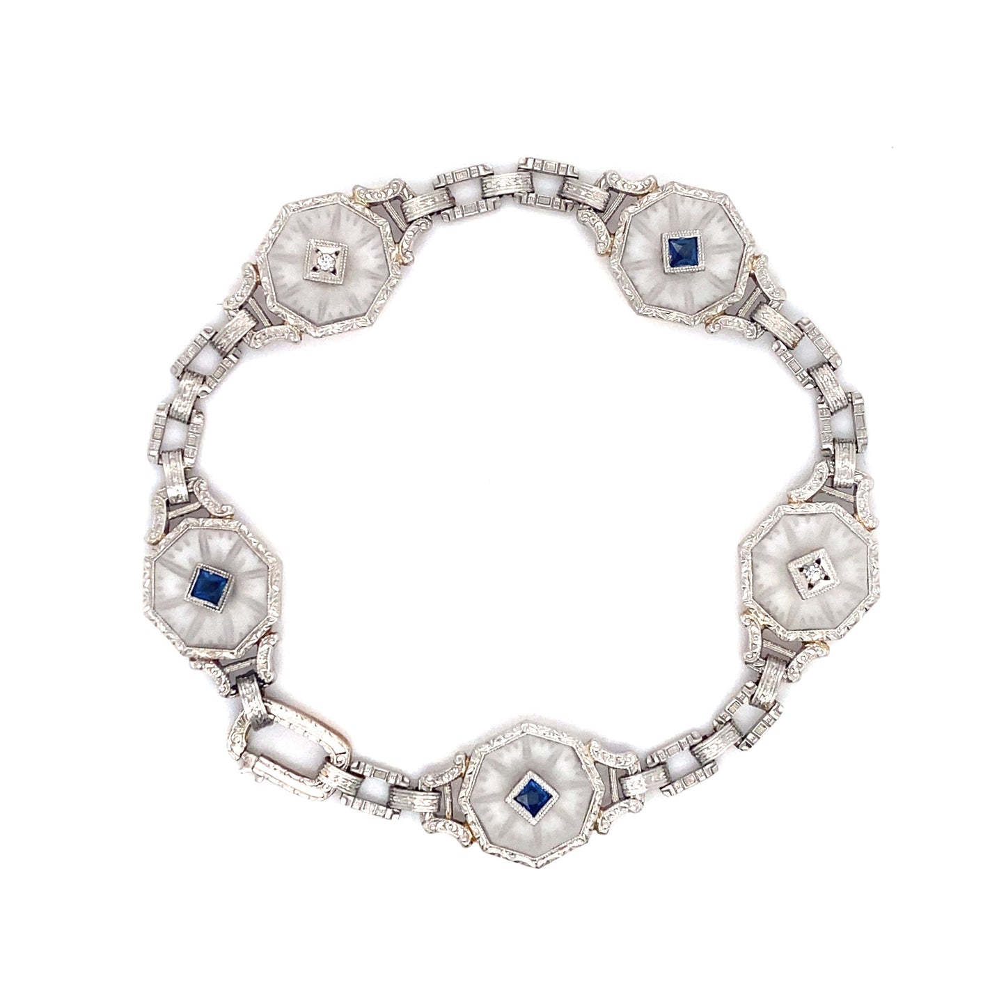 Circa 1880s Victorian Rock Crystal, Sapphire and Diamond Bracelet in 14K Gold