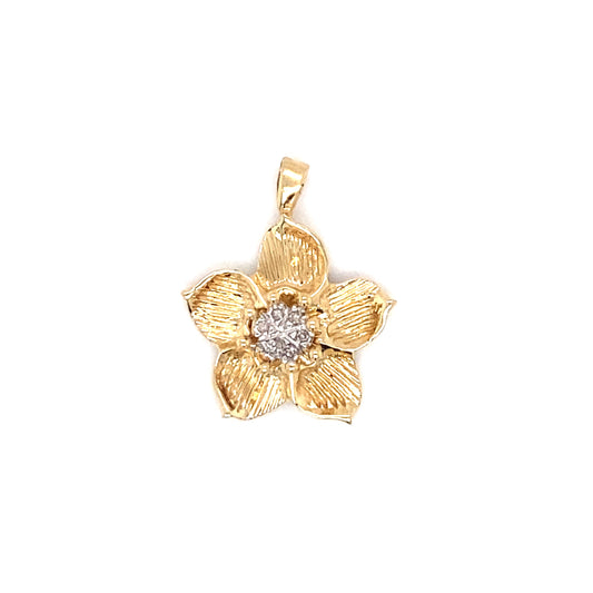 Circa 1980s Diamond Sunflower Pendant, Hand Engraved in 14K Gold