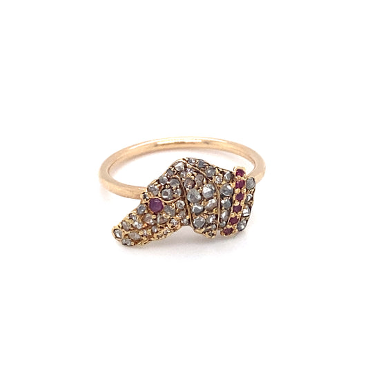 Circa 1880s Victorian Ruby and Diamond Dog's Head Ring in 12K Gold