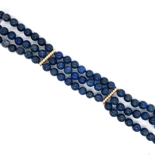 Circa 1980s Three Row Lapis Lazuli Beaded Bracelet in 14K Gold
