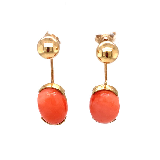 Circa 1970s Ball Stud Earrings With Removable Coral Dangles in 14K Gold