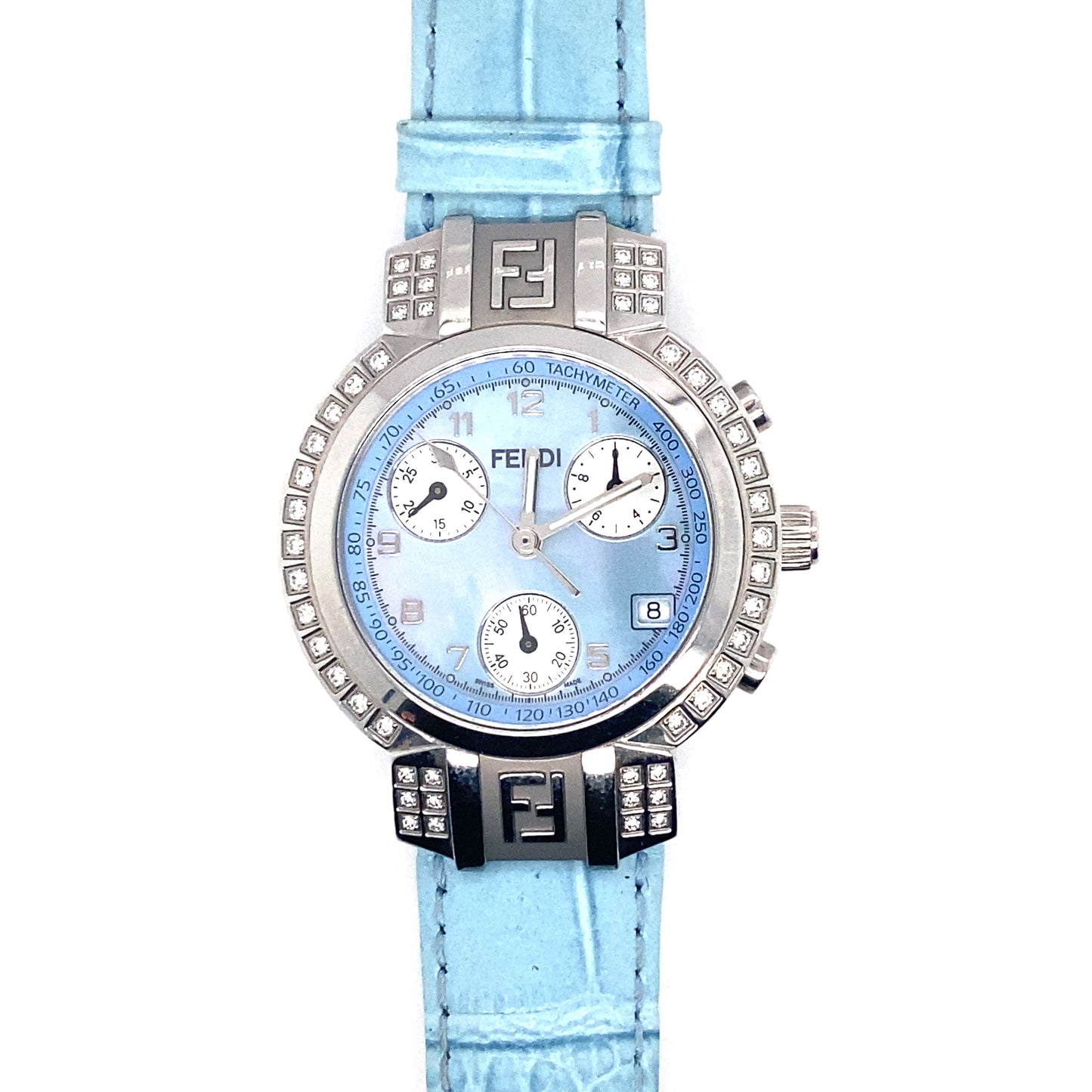 Circa 2000s Fendi Zucca Womens' Diamond Chronograph Wrist Watch in Steel