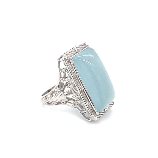 Circa 1920s Cabochon Aquamarine Art Deco Cocktail Ring in 14K White Gold